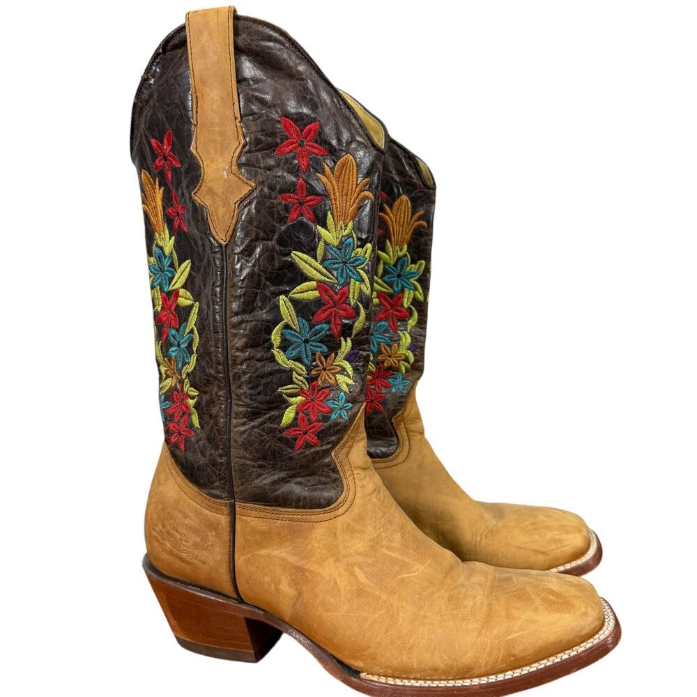 Chaparral Embroidered Womens Western Cowgirl Boots Floral Brown Square Toe sz 10